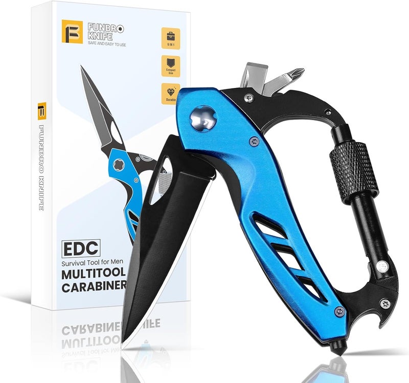 FUNBRO EDC Multitool Carabiner with Knife, Bottle Opener, Window Breaker and Screwdriver, Survival Knives Tools for Men Outdoor Camping (Blue) - Image 1